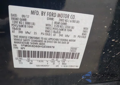 2017 Ford Explorer Xlt z USA, uszkodzony, nr VIN 1FM5K8D80HGE08978